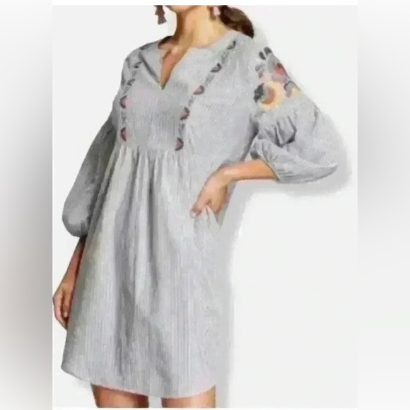 Knox Rose Embroidered 3/4 Ballon Sleeve Dress Sz S blue and white striped boho - Picture 1 of 11